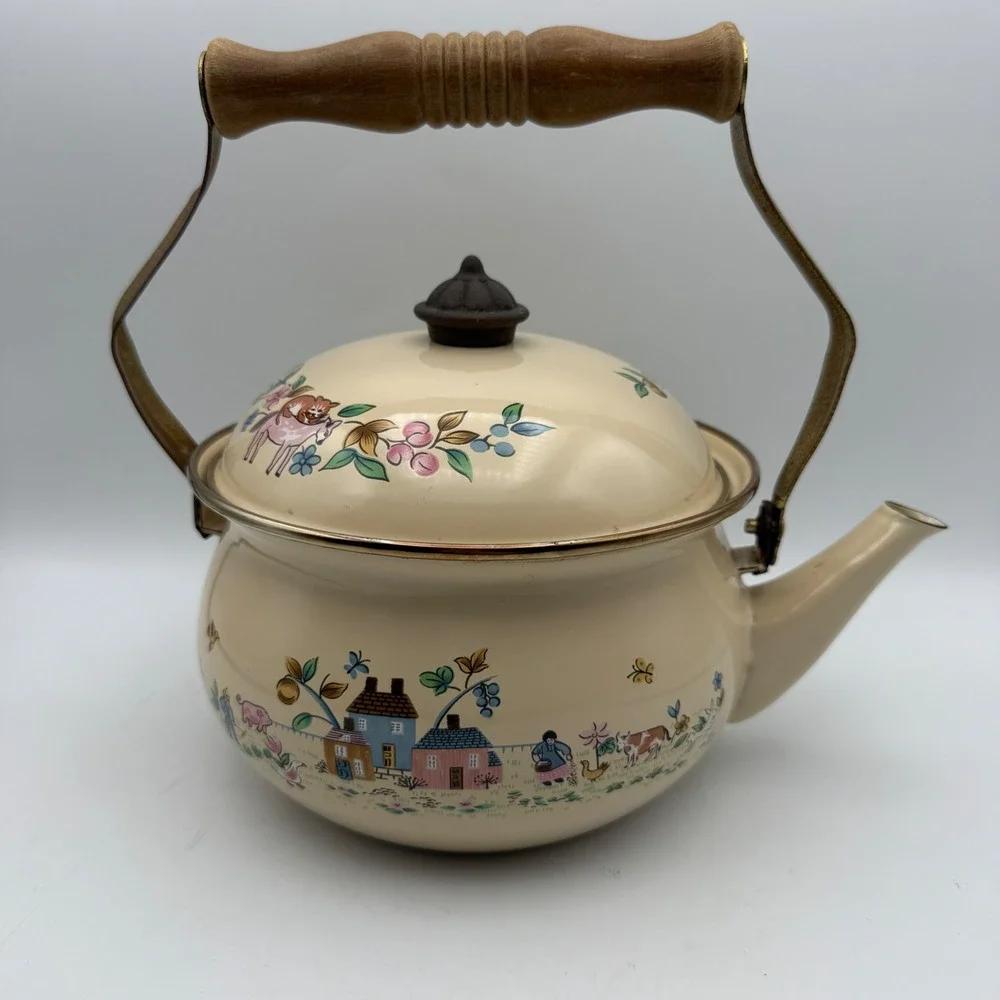 Vintage Tea Kettle Heartland Cottage Farmhouse Folk Art Village Wood Handle Pot
